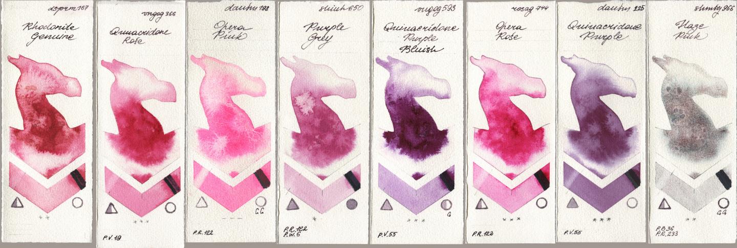Daniel Smith 167 Rhodonite Genuine, Royal Talens Van Gogh Watercolour 366 Quinacridone Rose, 198 Opera Pink, Shinhan PWC 650 Purple Grey, 593 Quinacridone Purple Bluish, Rosa Gallery 744 Opera Rose, 225 Quinacridone Purple, Shminke Horadam Aquarell 966 Haze Pi watercolor swatch