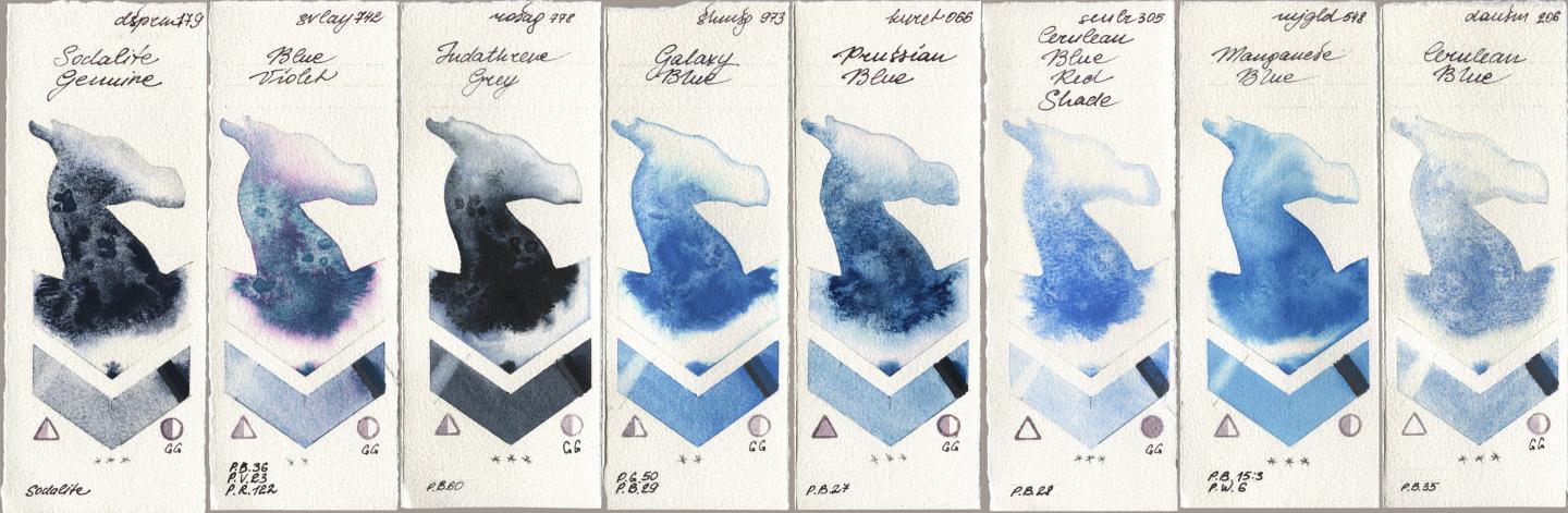Daniel Smith 179 Sodalite Genuine, SuperVision 742 Blue Violet, Rosa Gallery 778 Indanthrene Grey, Shminke Horadam Aquarell 973 Galaxy Blue, Kuretake Gansai Tambi 066 Prussian Blue, Sennelier l Aquarelle 305 Cerulean Blue Red Shade, Mijello Mission Gold 548 Manganese Blue, 206 Cerulean Bl watercolor swatch