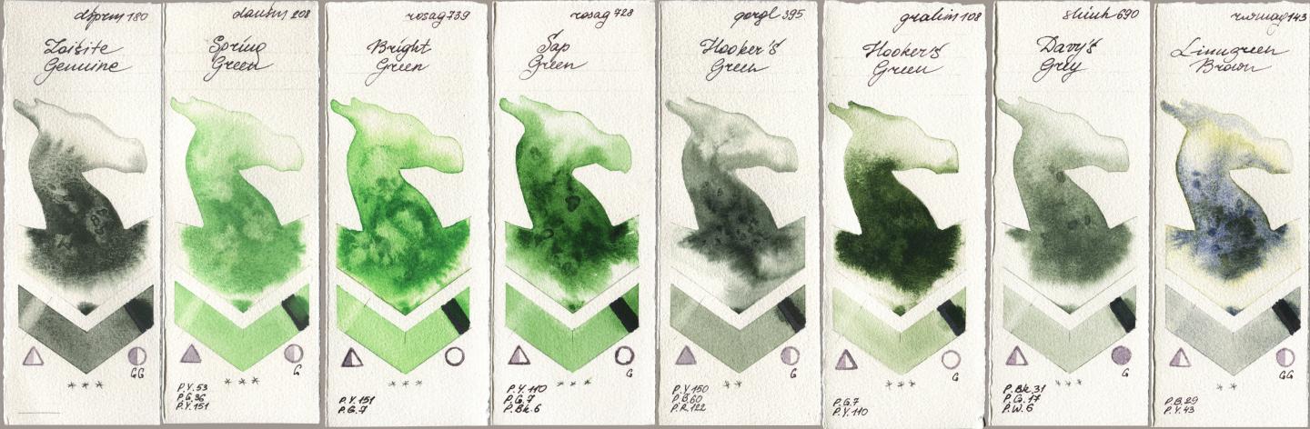 Daniel Smith 180 Zoisite Genuine, 208 Spring Green, Rosa Gallery 739 Bright Green, 728 Sap Green, Golden QOR 395 Hookers Green, M. Graham & Co. Artists 108 Hookers Green, Shinhan PWC 690 Davys Grey, Rockwell 143 Limugreen Bro watercolor swatch