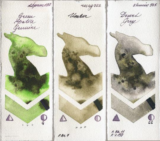 Daniel Smith 197 Green Apatite Genuine vs Rosa Gallery 722 Umber vs Shminke Horadam Aquarell 925 Desert Grey watercolor swatch