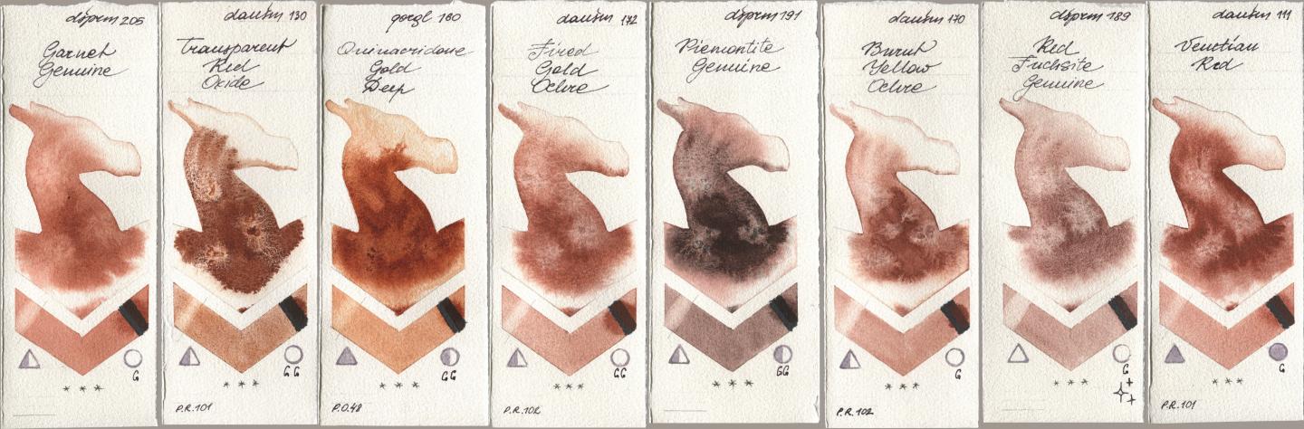 Daniel Smith 205 Garnet Genuine, 130 Transparent Red Oxide, Golden QOR 160 Quinacridone Gold Deep, 172 Fired Gold Ochre, 191 Piemontite Genuine, 170 Burnt Yellow Ochre, 189 Red Fuchsite Genuine, 111 Venetian R watercolor swatch