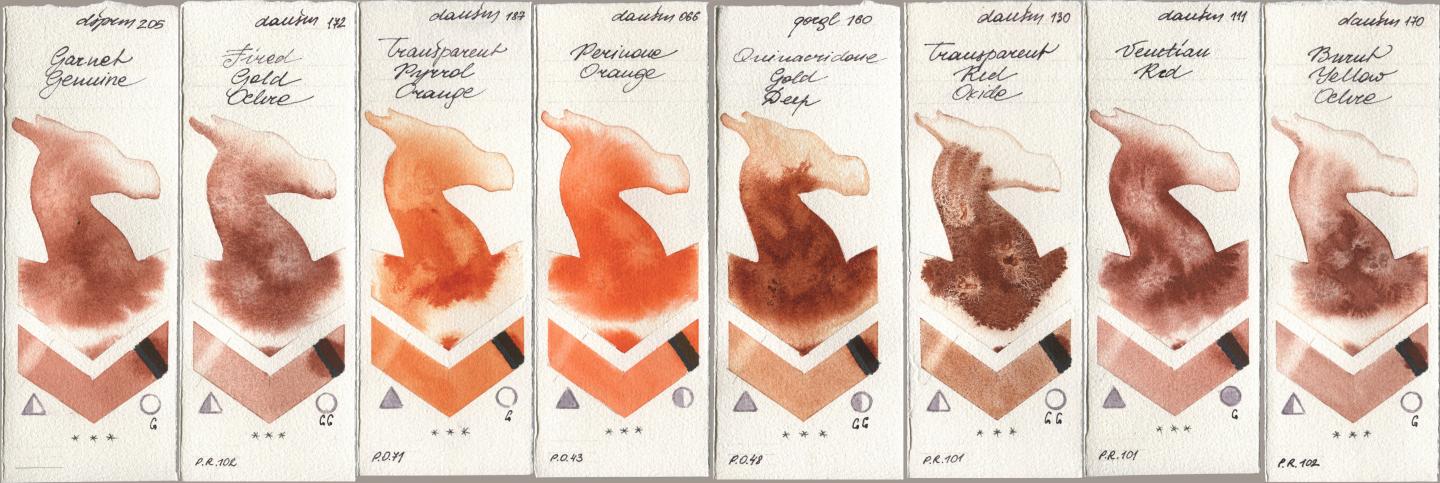 Daniel Smith 205 Garnet Genuine, 172 Fired Gold Ochre, 187 Transparent Pyrrol Orange, 066 Perinone Orange, Golden QOR 160 Quinacridone Gold Deep, 130 Transparent Red Oxide, 111 Venetian Red, 170 Burnt Yellow Och watercolor swatch