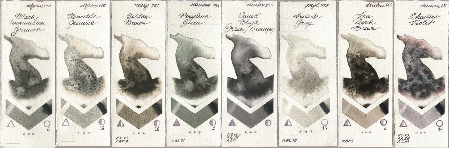 Daniel Smith 207 Black Tourmaline Genuine, 156 Hematite Genuine, Rosa Gallery 761 Golden Brown, 194 Perylene Green, 250 Janes Black (Blue/Orange), Golden QOR 525 Ardoise Gray, 110 Van Dyck Brown, 188 Shadow Viol watercolor swatch