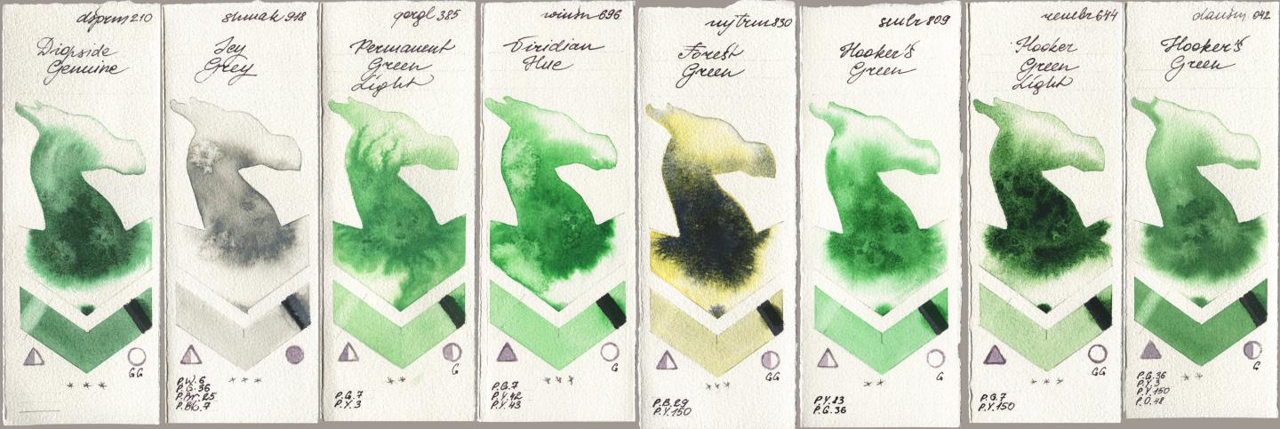 Daniel Smith 210 Diopside Genuine, Shminke Akademie Aquarell 918 Icy Grey, Golden QOR 385 Permanent Green Light, Winsor & Newton Professional 696 Viridian Hue, Mijello Mission Gold 830 Forest Green, Sennelier l Aquarelle 809 Hookers Green, Royal Talens Rembrandt Watercolour 644 Hooker Green Light, 042 Hookers Gre watercolor swatch