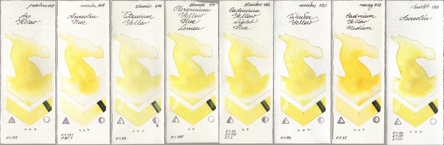 M. Graham & Co. Artists 018 Azo Yellow, Winsor & Newton Professional 417 Aureolin Hue, Shminke Horadam Aquarell 206 Titanium Yellow, 211 Chromium Yellow Hue Lemon, Daniel Smith 192 Cadmium Yellow Light Hue, 730 Winsor Yellow, Rosa Gallery 703 Cadmium Yellow Medium, Holbein Artists Watercolor 039 Aureol watercolor swatch