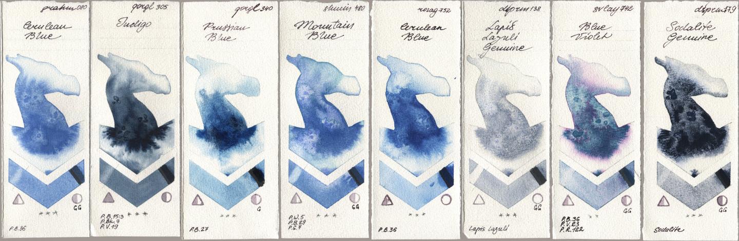 M. Graham & Co. Artists 080 Cerulean Blue, Golden QOR 305 Indigo, 340 Prussian Blue, Shminke Horadam Aquarell 480 Mountain Blue, Rosa Gallery 752 Cerulean Blue, Daniel Smith 138 Lapis Lazuli Genuine, SuperVision 742 Blue Violet, 179 Sodalite Genui watercolor swatch