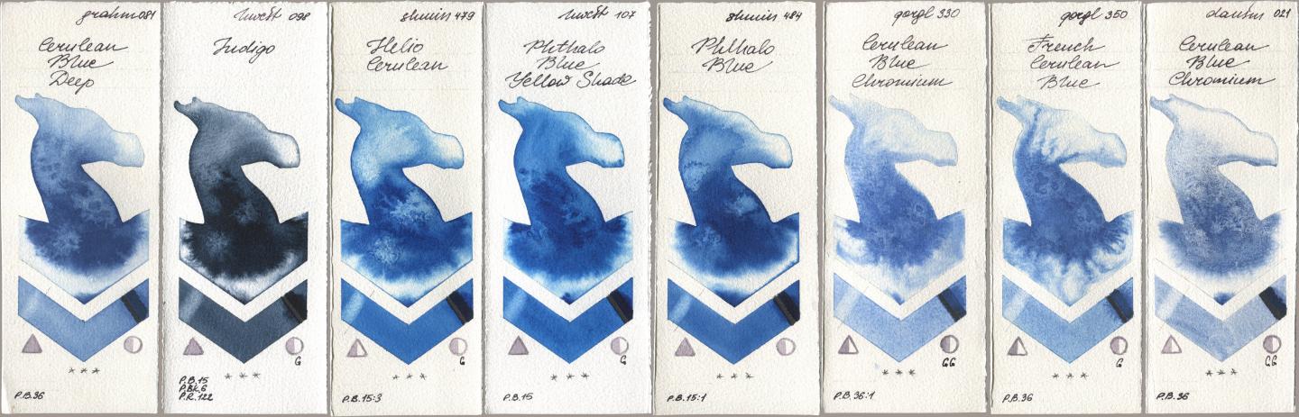 M. Graham & Co. Artists 081 Cerulean Blue Deep, Holbein Artists Watercolor 098 Indigo, Shminke Horadam Aquarell 479 Helio Cerulean, 107 Phthalo Blue Yellow Shade, 484 Phthalo Blue, Golden QOR 330 Cerulean Blue, Chromium, 350 French Cerulean Blue, Daniel Smith 021 Cerulean Blue Chromi watercolor swatch