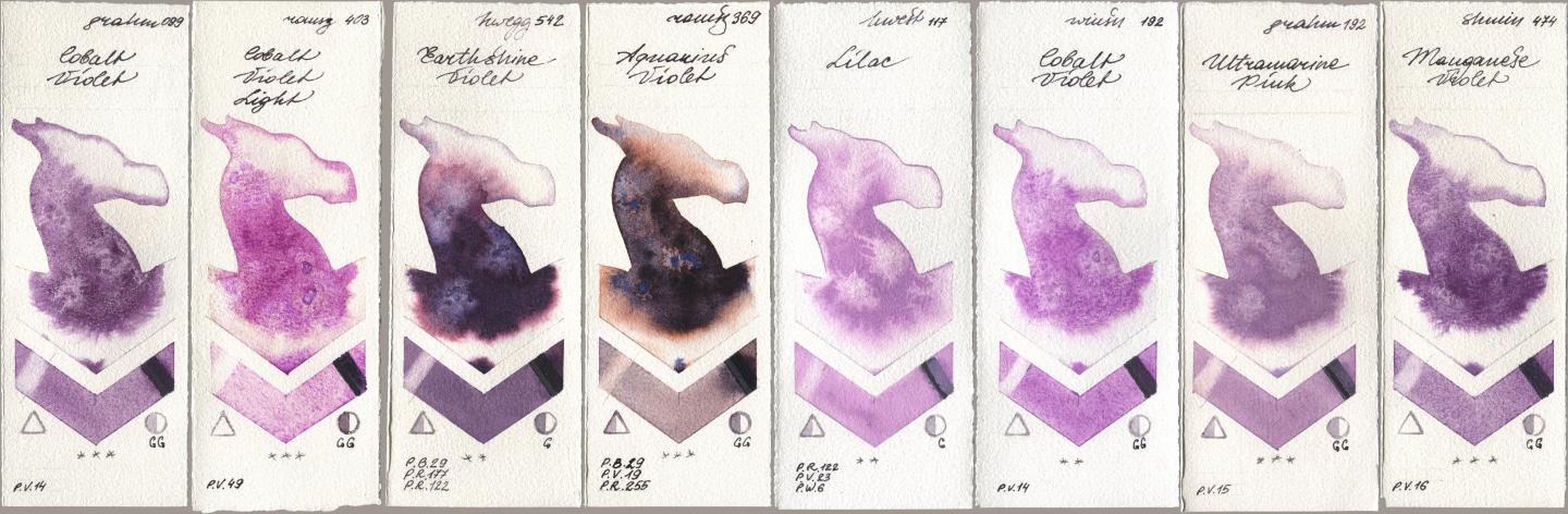 M. Graham & Co. Artists 099 Cobalt Violet, Roman Szmal Aquarius 403 Cobalt Violet Light, Holbein Artists Watercolor 542 Earthshine Violet, 369 Aquarius Violet, 117 Lilac, Winsor & Newton Professional 192 Cobalt Violet, 192 Ultramarine Pink, Shminke Horadam Aquarell 474 Manganese Viol watercolor swatch