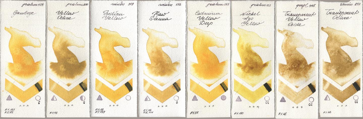 M. Graham & Co. Artists 105 Gamboge, 200 Yellow Ochre, Winsor & Newton Professional 319 Indian Yellow, 552 Raw Sienna, 063 Cadmium Yellow Deep, 123 Nickel Azo Yellow, Golden QOR 445 Transparent Yellow Oxide, Shminke Horadam Aquarell 657 Transparent Och watercolor swatch