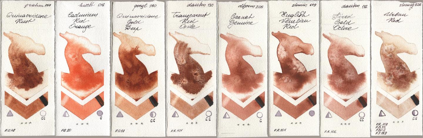 M. Graham & Co. Artists 157 Quinacridone Rust, Holbein Artists Watercolor 016 Cadmium Red Orange, Golden QOR 160 Quinacridone Gold Deep, Daniel Smith 130 Transparent Red Oxide, 205 Garnet Genuine, Shminke Horadam Aquarell 649 English Venetian Red, 172 Fired Gold Ochre, 926 Urban R watercolor swatch