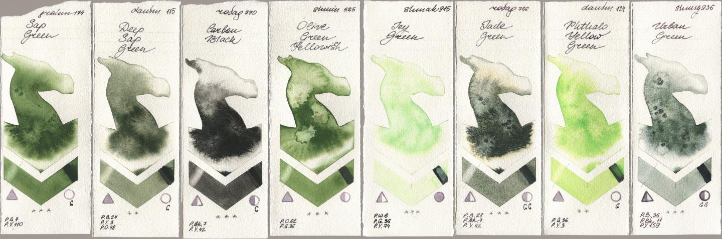 M. Graham & Co. Artists 174 Sap Green, Daniel Smith 175 Deep Sap Green, Rosa Gallery 770 Carbon Black, Shminke Horadam Aquarell 525 Olive Green Yellowish, Shminke Akademie Aquarell 915 Icy Green, 766 Jade Green, 124 Phthalo Yellow Green, 936 Urban Gre watercolor swatch