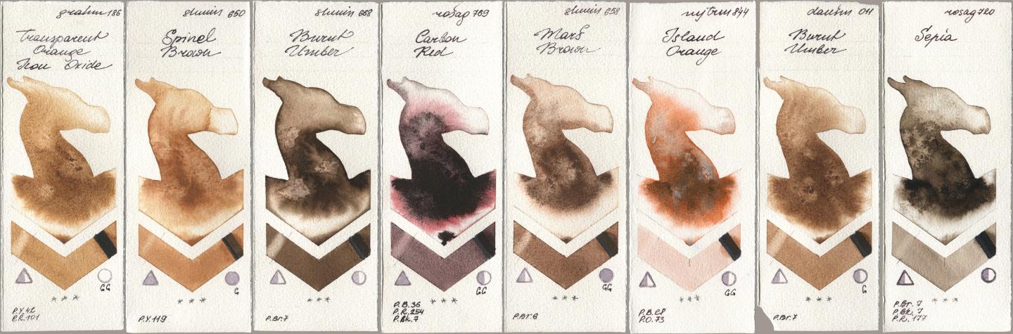 M. Graham & Co. Artists 186 Transparent Orange Iron Oxide, Shminke Horadam Aquarell 650 Spinel Brown, 668 Burnt Umber, Rosa Gallery 769 Carbon Red, 658 Mars Brown, Mijello Mission Gold 844 Island Orange, Daniel Smith 011 Burnt Umber, 720 Sep watercolor swatch