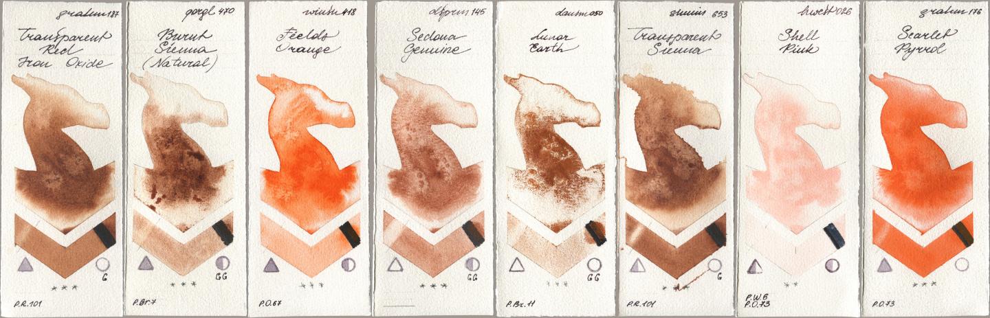 M. Graham & Co. Artists 187 Transparent Red Iron Oxide, Golden QOR 470 Burnt Sienna (Natural), Winsor & Newton Professional 418 Fields Orange, Daniel Smith 145 Sedona Genuine, 050 Lunar Earth, Shminke Horadam Aquarell 653 Transparent Sienna, Holbein Artists Watercolor 026 Shell Pink, 176 Scarlet Pyrr watercolor swatch
