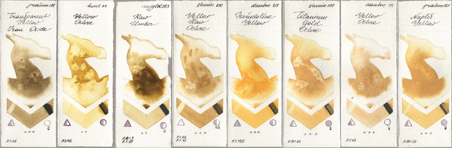 M. Graham & Co. Artists 188 Transparent Yellow Iron Oxide, Kuretake Gansai Tambi 044 Yellow Ochre, Mijello Mission Gold 563 Raw Umber, Shminke Horadam Aquarell 656 Yellow Raw Ochre, Daniel Smith 218 Isoindoline Yellow, 659 Titanium Gold Ochre, 114 Yellow Ochre, 121 Naples Yell watercolor swatch