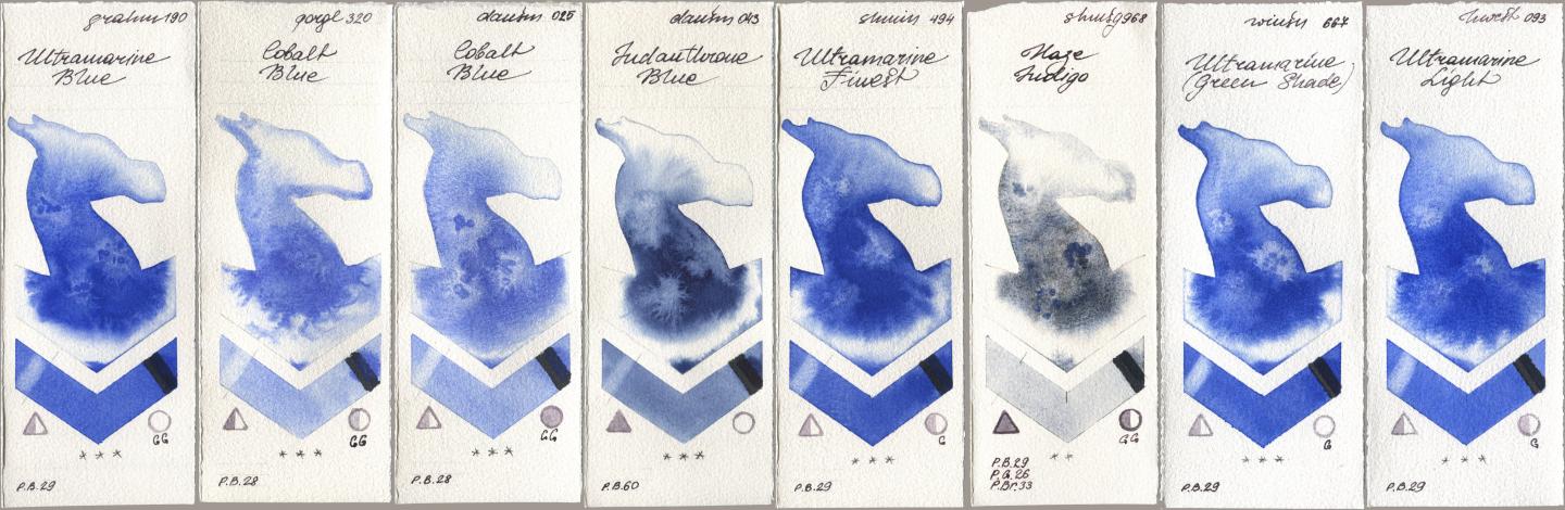 M. Graham & Co. Artists 190 Ultramarine Blue, Golden QOR 320 Cobalt Blue, Daniel Smith 025 Cobalt Blue, 043 Indanthrone Blue, Shminke Horadam Aquarell 494 Ultramarine Finest, 968 Haze Indigo, Winsor & Newton Professional 667 Ultramarine (Green Shade), Holbein Artists Watercolor 093 Ultramarine Lig watercolor swatch