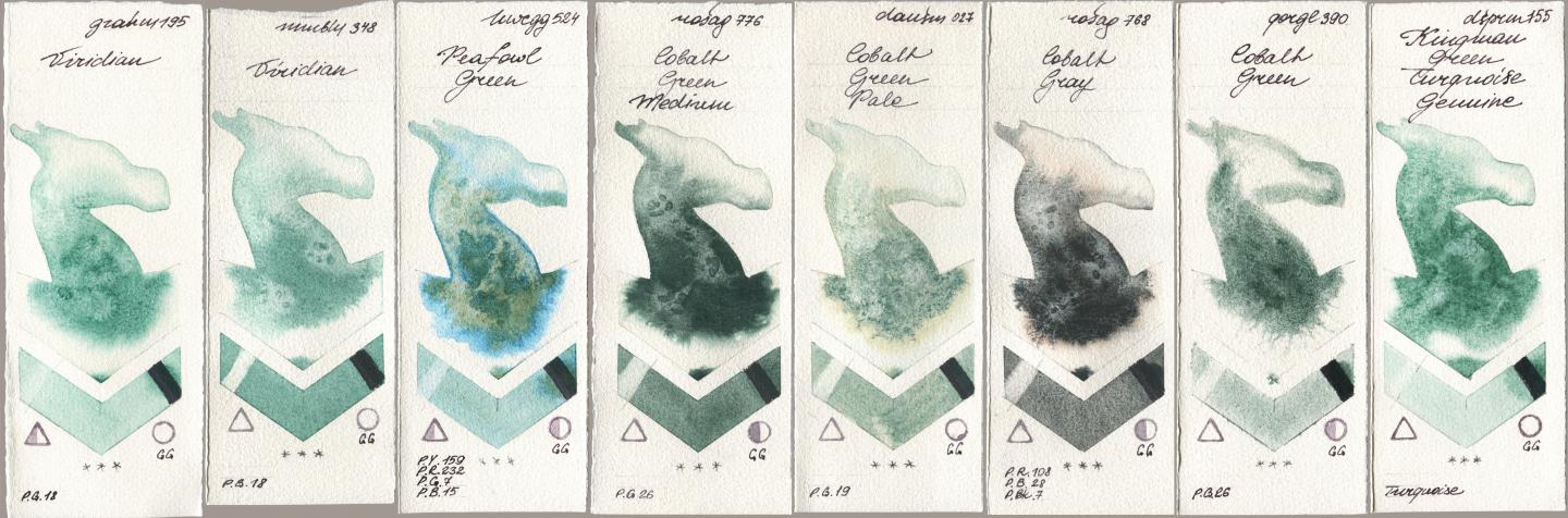 M. Graham & Co. Artists 195 Viridian, Maimeri Blu 348 Viridian, Holbein Artists Watercolor 524 Peafowl Green, Rosa Gallery 776 Cobalt Green Medium, Daniel Smith 027 Cobalt Green Pale, 768 Cobalt Gray, Golden QOR 390 Cobalt Green, 155 Kingman Green Turquoise Genui watercolor swatch
