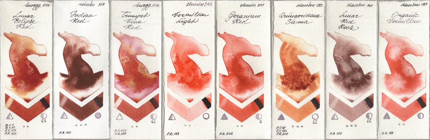 Holbein Artists Watercolor 505 Lunar Eclipse Red, Winsor & Newton Professional 317 Indian Red, 502 Trumpet Vine Red, Shminke Horadam Aquarell 342 Vermilion Light, 341 Geranium Red, Daniel Smith 093 Quinacridone Sienna, 141 Lunar Red Rock, 064 Organic Vermili watercolor swatch