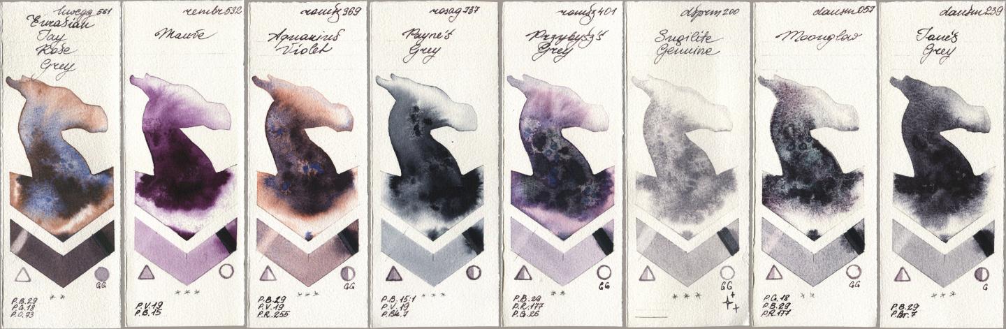Holbein Artists Watercolor 561 Eurasian Jay Rose Grey, Royal Talens Rembrandt Watercolour 532 Mauve, Roman Szmal Aquarius 369 Aquarius Violet, Rosa Gallery 737 Paynes Grey, 401 Przybyszs Grey, Daniel Smith 200 Sugilite Genuine, 057 Moonglow, 239 Janes Gr watercolor swatch