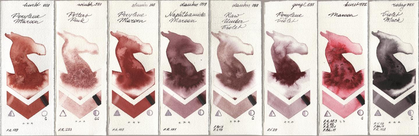 Holbein Artists Watercolor 008 Perylene Maroon, Winsor & Newton Professional 537 Potters Pink, Shminke Horadam Aquarell 366 Perylene Maroon, Daniel Smith 059 Naphthamide Maroon, 098 Raw Umber Violet, Golden QOR 635 Perylene Violet, Kuretake Gansai Tambi 072 Maroon, Rosa Gallery 765 Violet Bla watercolor swatch
