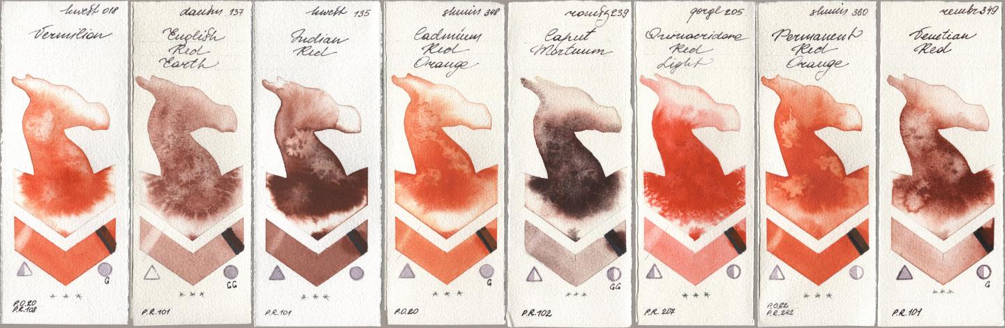 Holbein Artists Watercolor 018 Vermilion, Daniel Smith 137 English Red Earth, 135 Indian Red, Shminke Horadam Aquarell 348 Cadmium Red Orange, Roman Szmal Aquarius 239 Caput Mortuum, Golden QOR 205 Quinacridone Red Light, 360 Permanent Red Orange, Royal Talens Rembrandt Watercolour 349 Venerian R watercolor swatch