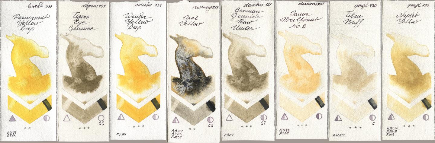 Holbein Artists Watercolor 037 Permanent Yellow Deep, Daniel Smith 161 Tigers Eye Genuine, Winsor & Newton Professional 731 Winsor Yellow Deep, Rockwell 233 Opal Yellow, 121 German Greenish Raw Umber, 257 Jaune Brilliant No 2, Golden QOR 430 Titan Buff, 435 Naples Yell watercolor swatch