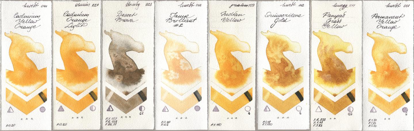 Holbein Artists Watercolor 044 Cadmium Yellow Orange, Shminke Horadam Aquarell 227 Cadmium Orange Light, 923 Desert Brown, 032 Jaune Brillant No 2, M. Graham & Co. Artists 109 Indian Yellow, 142 Quinacridone Gold, 511 Pampas Grass Yellow, 038 Permanent Yellow Oran watercolor swatch