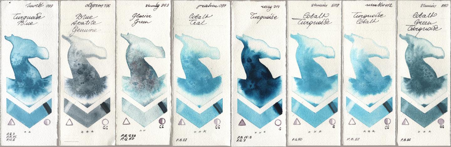 Holbein Artists Watercolor 099 Turquoise Blue, Daniel Smith 196 Blue Apatite Genuine, Shminke Horadam Aquarell 963 Glacier Green, M. Graham & Co. Artists 097 Cobalt Teal, Rosa Gallery 714 Turquoise, 509 Cobalt Turquoise, Maimeri Blu 412 Turquoise Cobalt, 510 Cobalt Green Turquoi watercolor swatch