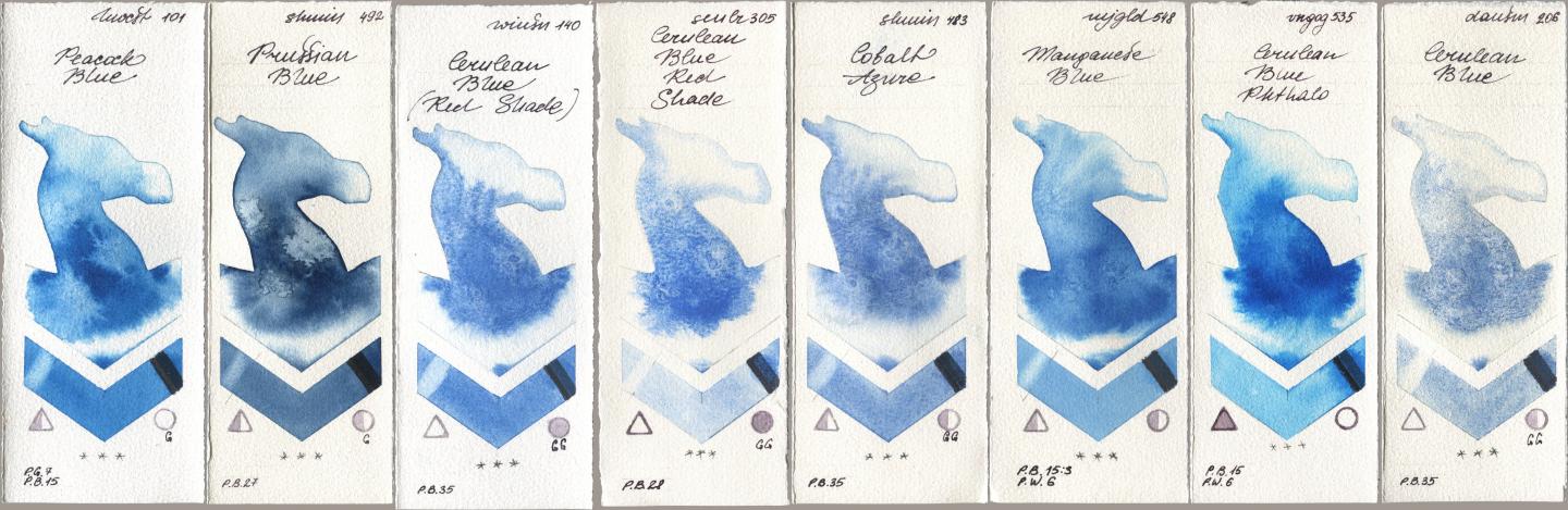 Holbein Artists Watercolor 101 Peacock Blue, Shminke Horadam Aquarell 492 Prussian Blue, Winsor & Newton Professional 140 Cerulean Blue (Red Shade), Sennelier l Aquarelle 305 Cerulean Blue Red Shade, 483 Cobalt Azure, Mijello Mission Gold 548 Manganese Blue, Royal Talens Van Gogh Watercolour 535 Cerulean Blue Phthalo, Daniel Smith 206 Cerulean Bl watercolor swatch