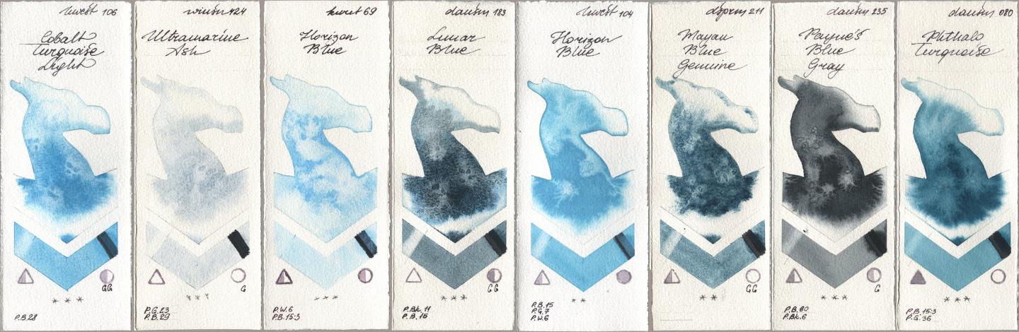 Holbein Artists Watercolor 106 Cobalt Turquoise Light, Winsor & Newton Professional 424 Ultramarine Ash, Kuretake Gansai Tambi 069 Horizon Blue, Daniel Smith 183 Lunar Blue, 104 Horizon Blue, 211 Mayan Blue Genuine, 235 Paynes Blue Gray, 080 Phthalo Turquoi watercolor swatch