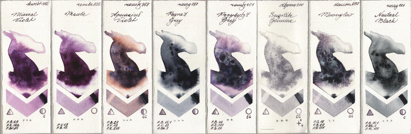 Holbein Artists Watercolor 112 Mineral Violet, Royal Talens Rembrandt Watercolour 532 Mauve, Roman Szmal Aquarius 369 Aquarius Violet, Rosa Gallery 737 Paynes Grey, 401 Przybyszs Grey, Daniel Smith 200 Sugilite Genuine, 057 Moonglow, 724 Neutral Bla watercolor swatch