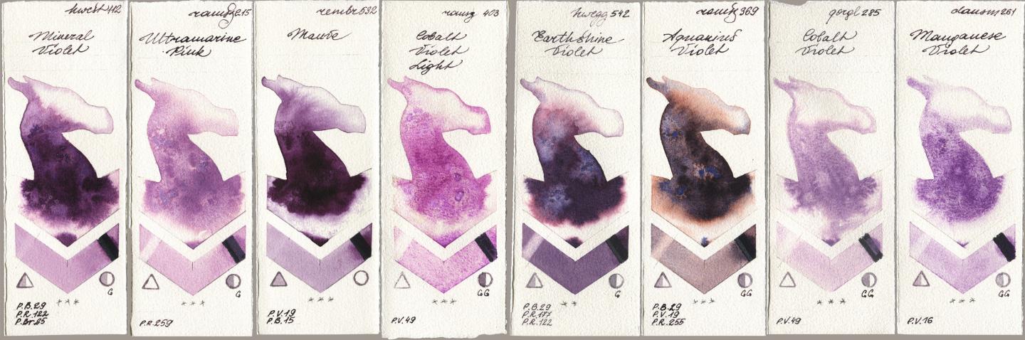 Holbein Artists Watercolor 112 Mineral Violet, Roman Szmal Aquarius 215 Ultramarine Pink, Royal Talens Rembrandt Watercolour 532 Mauve, 403 Cobalt Violet Light, 542 Earthshine Violet, 369 Aquarius Violet, Golden QOR 285 Cobalt Violet, Daniel Smith 261 Manganese Viol watercolor swatch