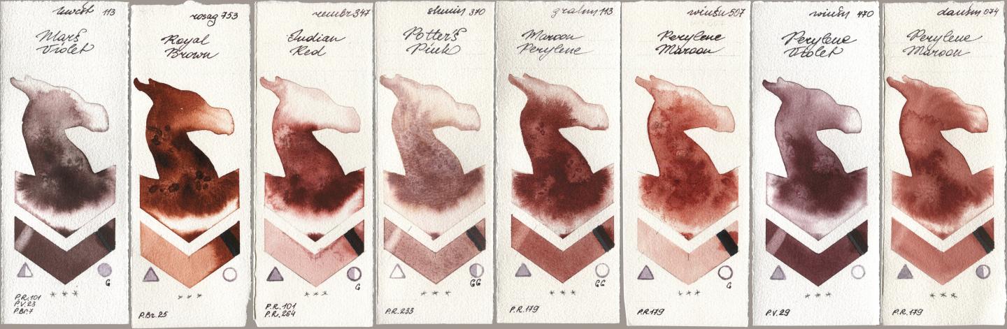 Holbein Artists Watercolor 113 Mars Violet, Rosa Gallery 753 Royal Brown, Royal Talens Rembrandt Watercolour 347 Indian Red, Shminke Horadam Aquarell 370 Potters Pink, M. Graham & Co. Artists 113 Maroon Perylene, Winsor & Newton Professional 507 Perylene Maroon, 470 Perylene Violet, Daniel Smith 074 Perylene Maro watercolor swatch