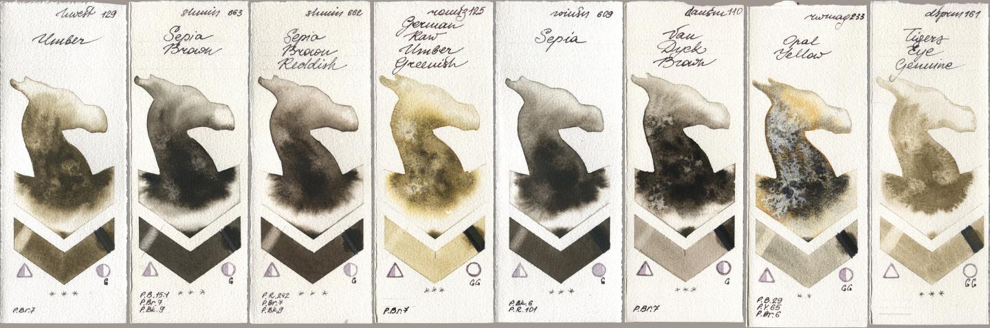 Holbein Artists Watercolor 129 Umber, Shminke Horadam Aquarell 663 Sepia Brown, 662 Sepia Brown Reddish, Roman Szmal Aquarius 125 German Raw Umber Greenish, Winsor & Newton Professional 609 Sepia, Daniel Smith 110 Van Dyck Brown, Rockwell 233 Opal Yellow, 161 Tigers Eye Genui watercolor swatch