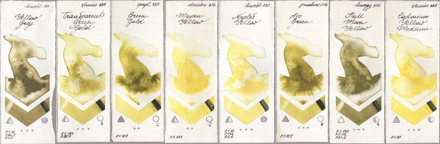 Holbein Artists Watercolor 151 Yellow Grey, Shminke Horadam Aquarell 537 Transparent Green Gold, Golden QOR 425 Green Gold, Daniel Smith 212 Mayan Yellow, 030 Naples Yellow, M. Graham & Co. Artists 016 Azo Green, 512 Full Moon Yellow, 225 Cadmium Yellow Medi watercolor swatch