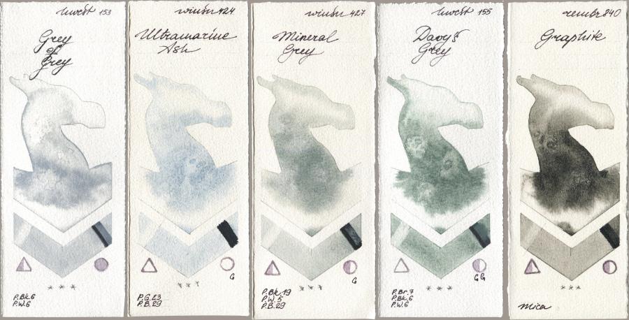 Holbein Artists Watercolor 153 Grey of Grey, Winsor & Newton Professional 424 Ultramarine Ash, 427 Mineral Grey, 155 Davys Grey, Royal Talens Rembrandt Watercolour 840 Graphi watercolor swatch