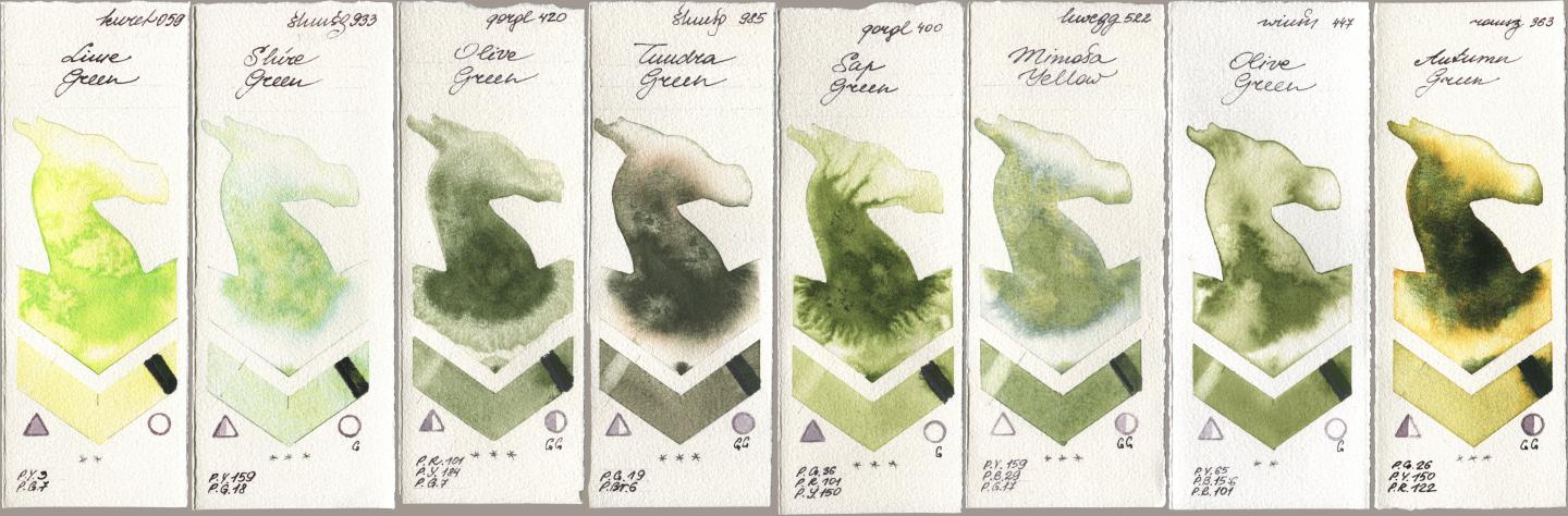 Kuretake Gansai Tambi 059 Lime Green, Shminke Horadam Aquarell 933 Shire Green, Golden QOR 420 Olive Green, 985 Tundra Green, 400 Sap Green, Holbein Artists Watercolor 522 Mimosa Yellow, Winsor & Newton Professional 447 Olive Green, Roman Szmal Aquarius 363 Autumn Gre watercolor swatch
