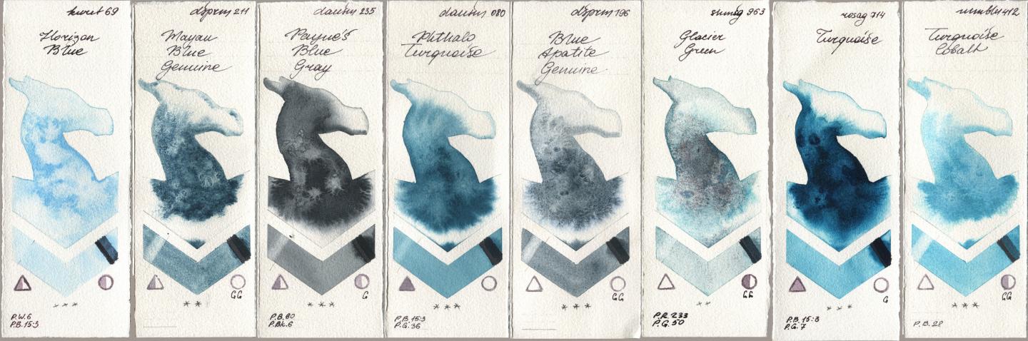 Kuretake Gansai Tambi 069 Horizon Blue, Daniel Smith 211 Mayan Blue Genuine, 235 Paynes Blue Gray, 080 Phthalo Turquoise, 196 Blue Apatite Genuine, Shminke Horadam Aquarell 963 Glacier Green, Rosa Gallery 714 Turquoise, Maimeri Blu 412 Turquoise Coba watercolor swatch