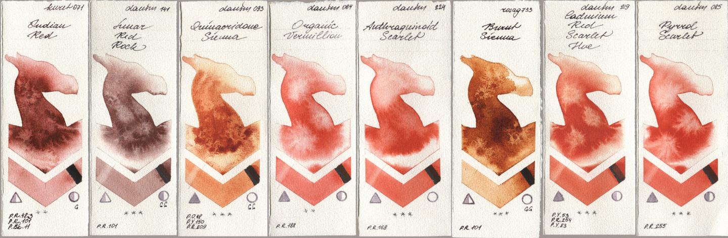 Kuretake Gansai Tambi 071 Indian Red, Daniel Smith 141 Lunar Red Rock, 093 Quinacridone Sienna, 064 Organic Vermilion, 224 Anthraquinoid Scarlet, Rosa Gallery 733 Burnt Sienna, 219 Cadmium Red Scarlet Hue, 085 Pyrrol Scarl watercolor swatch