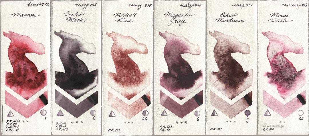 Kuretake Gansai Tambi 072 Maroon, Rosa Gallery 765 Violet Black, Roman Szmal Aquarius 359 Potters Pink, 764 Magenta Gray, 758 Caput Mortuum, Rockwell 414 Morai Wit watercolor swatch