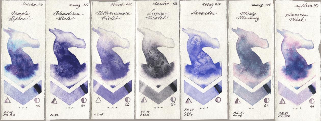 Kusakabe 001 Purple Spinel, Roman Szmal Aquarius 377 Strontium Violet, Shinhan PWC 641 Ultramarine Violet, Daniel Smith 182 Lunar Violet, Rosa Gallery 742 Lavender, 415 Misty Morning, Mijello Mission Gold 814 Aurora Pi watercolor swatch