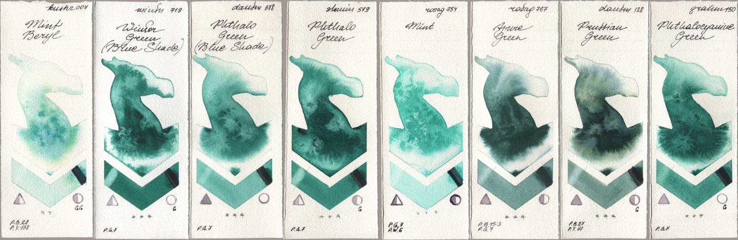 Kusakabe 007 Mint Beryl, Winsor & Newton Professional 719 Winsor Green (Blue Shade), Daniel Smith 078 Phthalo Green (Blue Shade), Shminke Horadam Aquarell 519 Phthalo Green, Rosa Gallery 754 Mint, 767 Azure Green, 128 Prussian Green, M. Graham & Co. Artists 150 Phthalocyanine Gre watercolor swatch