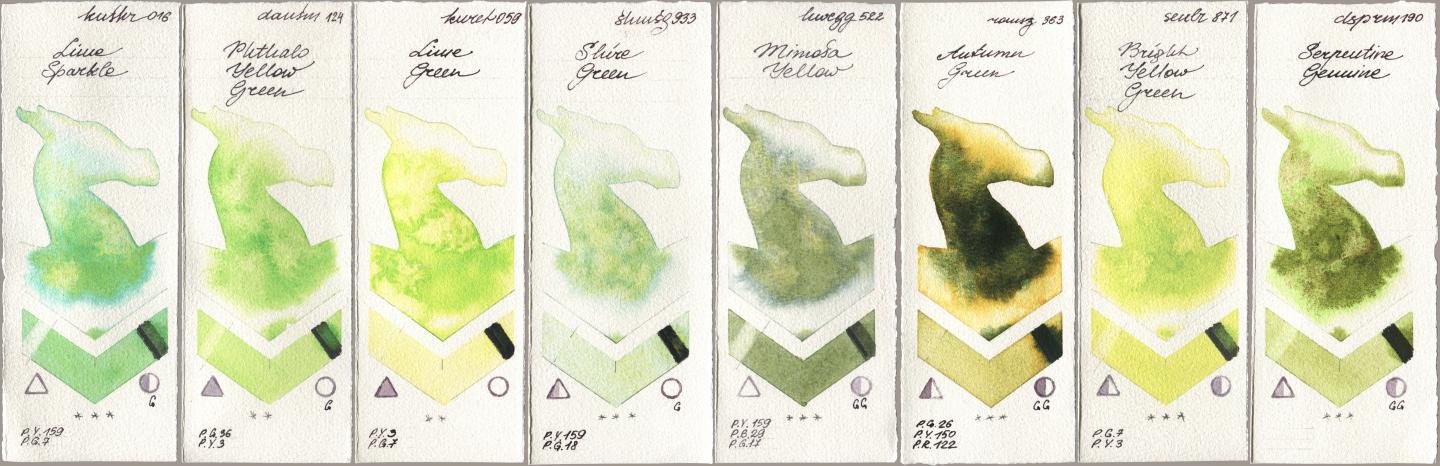 Kusakabe 016 Lime Sparkle, Daniel Smith 124 Phthalo Yellow Green, Kuretake Gansai Tambi 059 Lime Green, Shminke Horadam Aquarell 933 Shire Green, Holbein Artists Watercolor 522 Mimosa Yellow, Roman Szmal Aquarius 363 Autumn Green, Sennelier l Aquarelle 871 Bright Yellow Green, 190 Serpentine Genui watercolor swatch