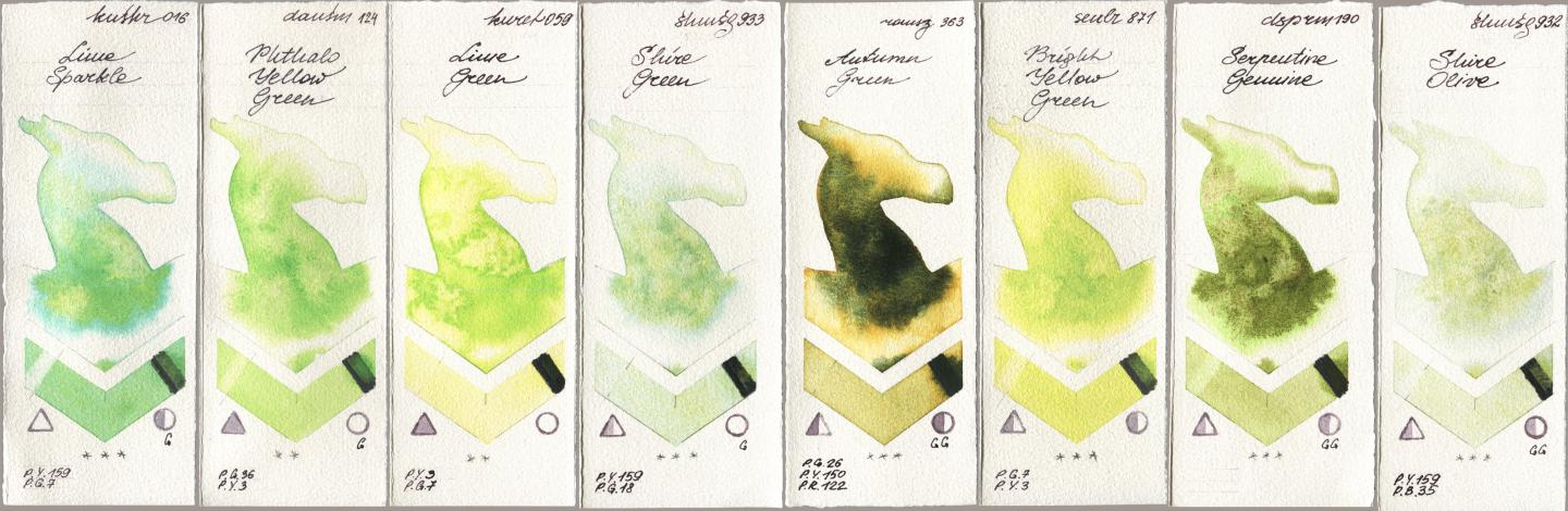 Kusakabe 016 Lime Sparkle, Daniel Smith 124 Phthalo Yellow Green, Kuretake Gansai Tambi 059 Lime Green, Shminke Horadam Aquarell 933 Shire Green, Roman Szmal Aquarius 363 Autumn Green, Sennelier l Aquarelle 871 Bright Yellow Green, 190 Serpentine Genuine, 932 Shire Oli watercolor swatch