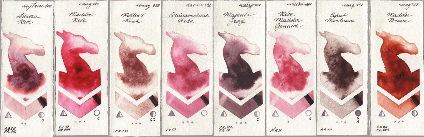 Mijello Mission Gold 806 Aurora Red, Rosa Gallery 726 Madder Rose, Roman Szmal Aquarius 359 Potters Pink, Daniel Smith 092 Quinacridone Rose, 764 Magenta Gray, Winsor & Newton Professional 587 Rose Madder Genuine, 758 Caput Mortuum, 757 Madder Bro watercolor swatch