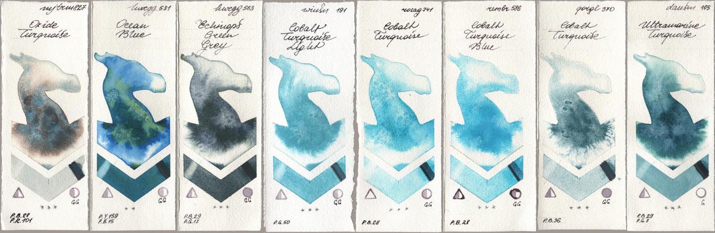 Mijello Mission Gold 827 Oxide Turquoise, Holbein Artists Watercolor 531 Ocean Blue, 563 Echinops Green Grey, Winsor & Newton Professional 191 Cobalt Turquoise Light, Rosa Gallery 741 Cobalt Turquoise, Royal Talens Rembrandt Watercolour 586 Cobalt Turquoise Blue, Golden QOR 370 Cobalt Turquoise, Daniel Smith 105 Ultramarine Turquoi watercolor swatch