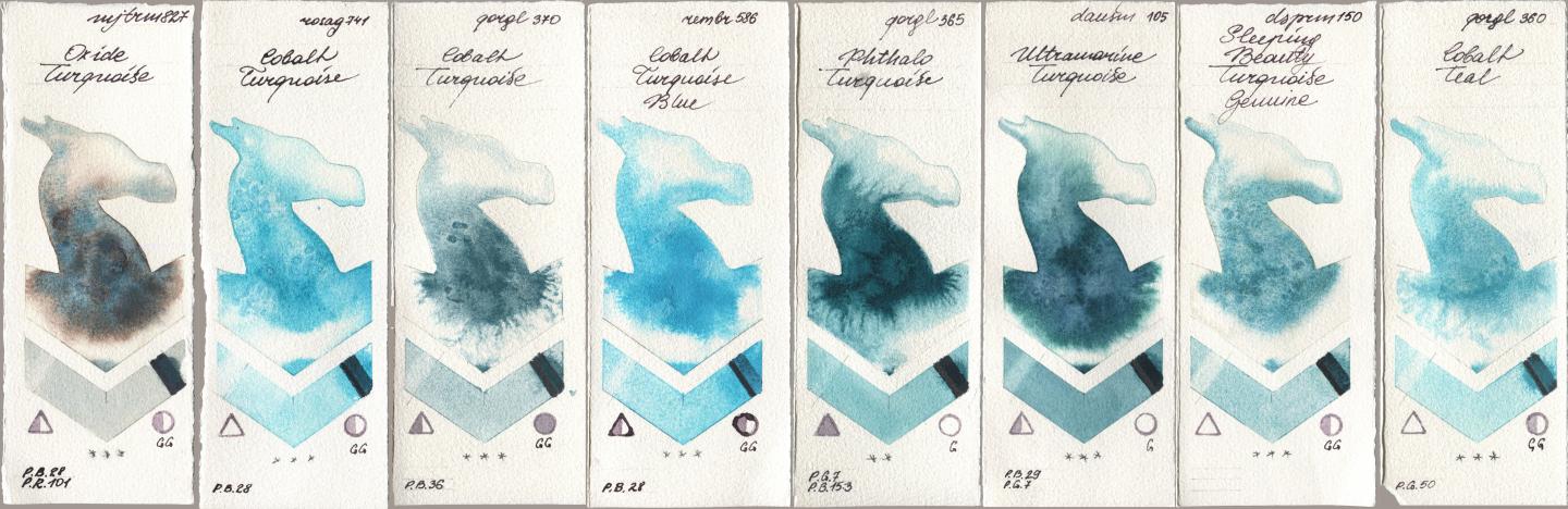 Mijello Mission Gold 827 Oxide Turquoise, Rosa Gallery 741 Cobalt Turquoise, Golden QOR 370 Cobalt Turquoise, Royal Talens Rembrandt Watercolour 586 Cobalt Turquoise Blue, 365 Phthalo Turquoise, Daniel Smith 105 Ultramarine Turquoise, 150 Sleeping Beauty Turquoise Genuine, 360 Cobalt Te watercolor swatch