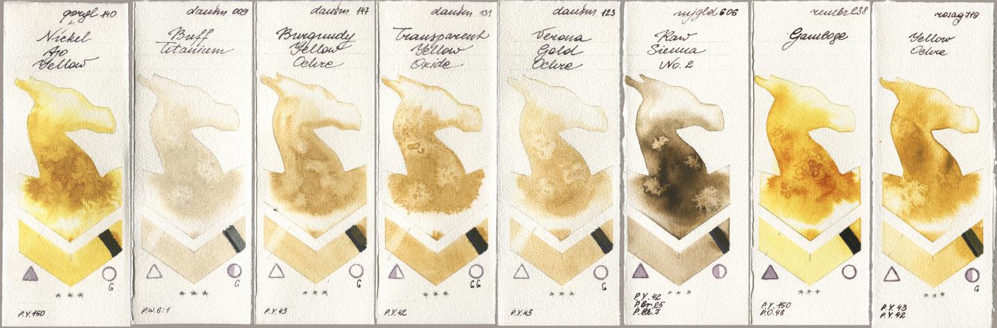Golden QOR 140 Nickel Azo Yellow, Daniel Smith 009 Buff Titanium, 147 Burgundy Yellow Ochre, 131 Transparent Yellow Oxide, 123 Verona Gold Ochre, Mijello Mission Gold 606 Raw Sienna No 2, Royal Talens Rembrandt Watercolour 238 Gamboge, Rosa Gallery 719 Yellow Och watercolor swatch