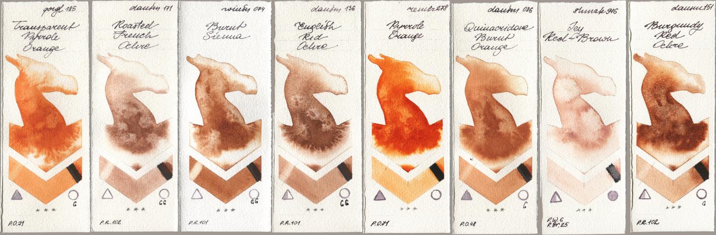Golden QOR 185 Transparent Pyrrole Orange, Daniel Smith 171 Roasted French Ochre, Winsor & Newton Professional 074 Burnt Sienna, 136 English Red Ochre, Royal Talens Rembrandt Watercolour 278 Pyrrole Orange, 086 Quinacridone Burnt Orange, Shminke Akademie Aquarell 916 Icy Red-Brown, 151 Burgundy Red Och watercolor swatch