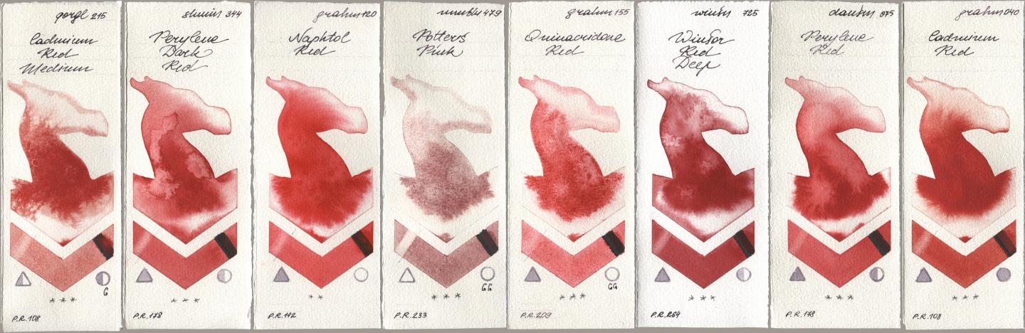 Golden QOR 215 Cadmium Red Medium, Shminke Horadam Aquarell 344 Perylene Dark Red, M. Graham & Co. Artists 120 Naphthol Red, Maimeri Blu 479 Potters Pink, 155 Quinacridone Red, Winsor & Newton Professional 725 Winsor Red Deep, Daniel Smith 075 Perylene Red, 040 Cadmium R watercolor swatch