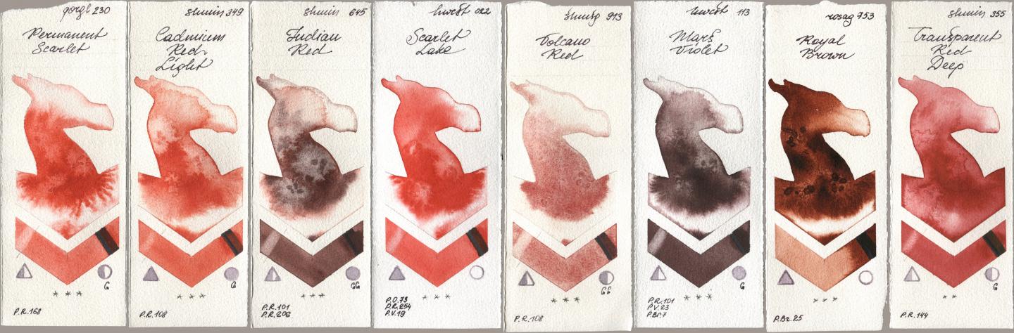Golden QOR 230 Permanent Scarlet, Shminke Horadam Aquarell 349 Cadmium Red Light, 645 Indian Red, Holbein Artists Watercolor 022 Scarlet Lake, 913 Volcano Red, 113 Mars Violet, Rosa Gallery 753 Royal Brown, 355 Transparent Red De watercolor swatch